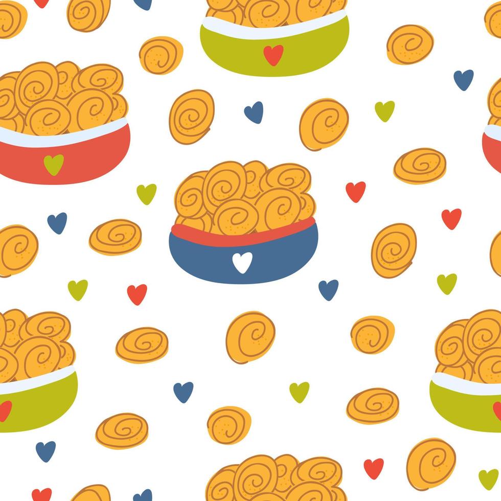 seamless pattern with sweet buns in colorful bowls and hearts. Blue, red, green colors vector