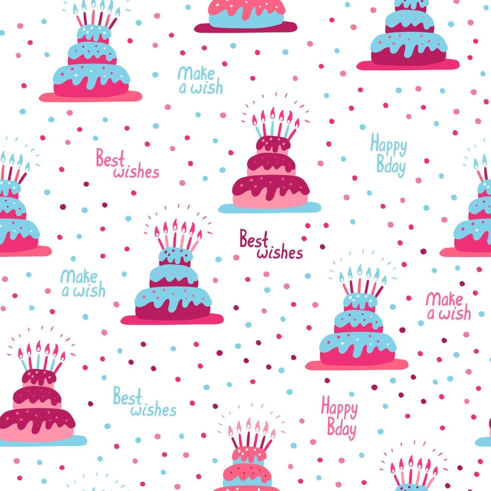 seamless pattern with birthday cakes. Best wishes, make a wish and happy bday hand drawn lettering vector