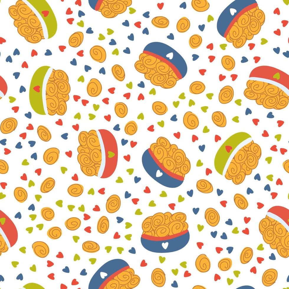 seamless pattern with sweet buns, colorful bowls and hearts. Blue, red, green colors vector