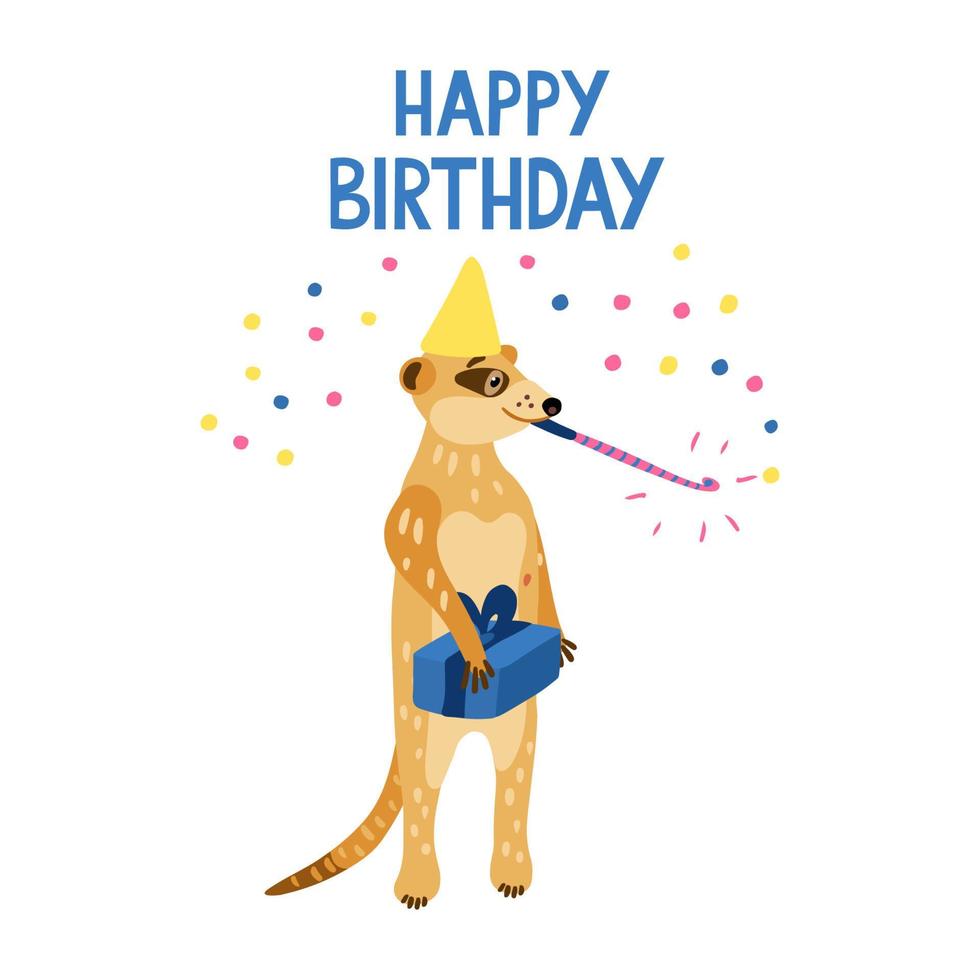 Happy Birthday. Lettering with an adorable meerkat blowing a party horn. vector