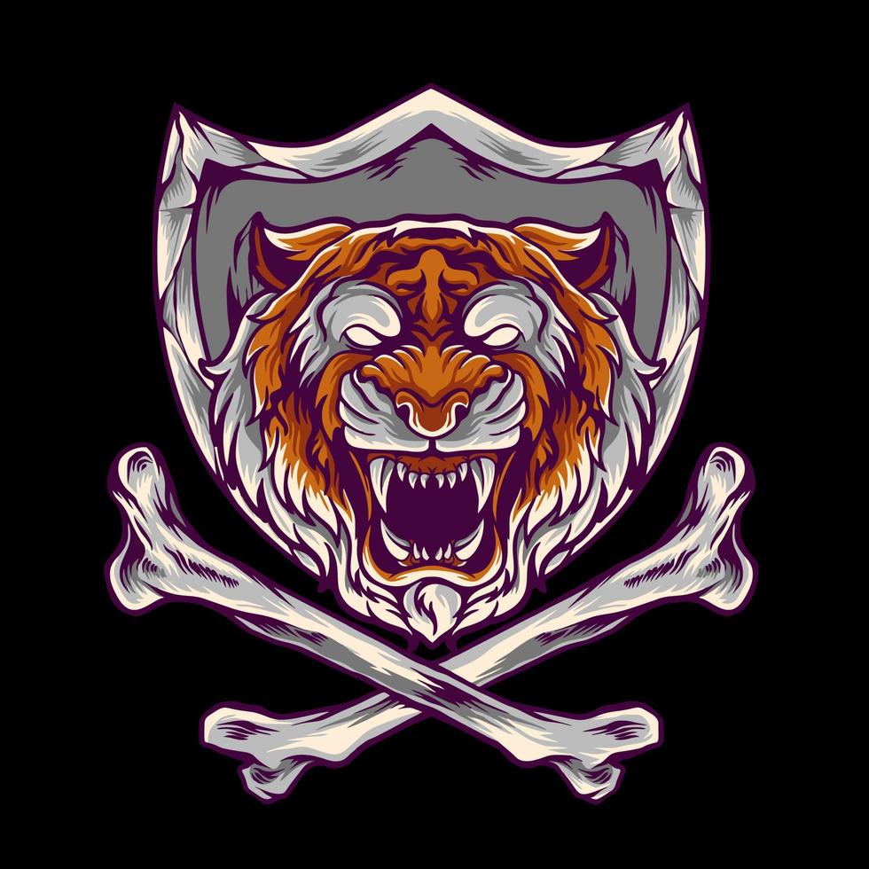 tigre con cruz de hueso y escudo vector