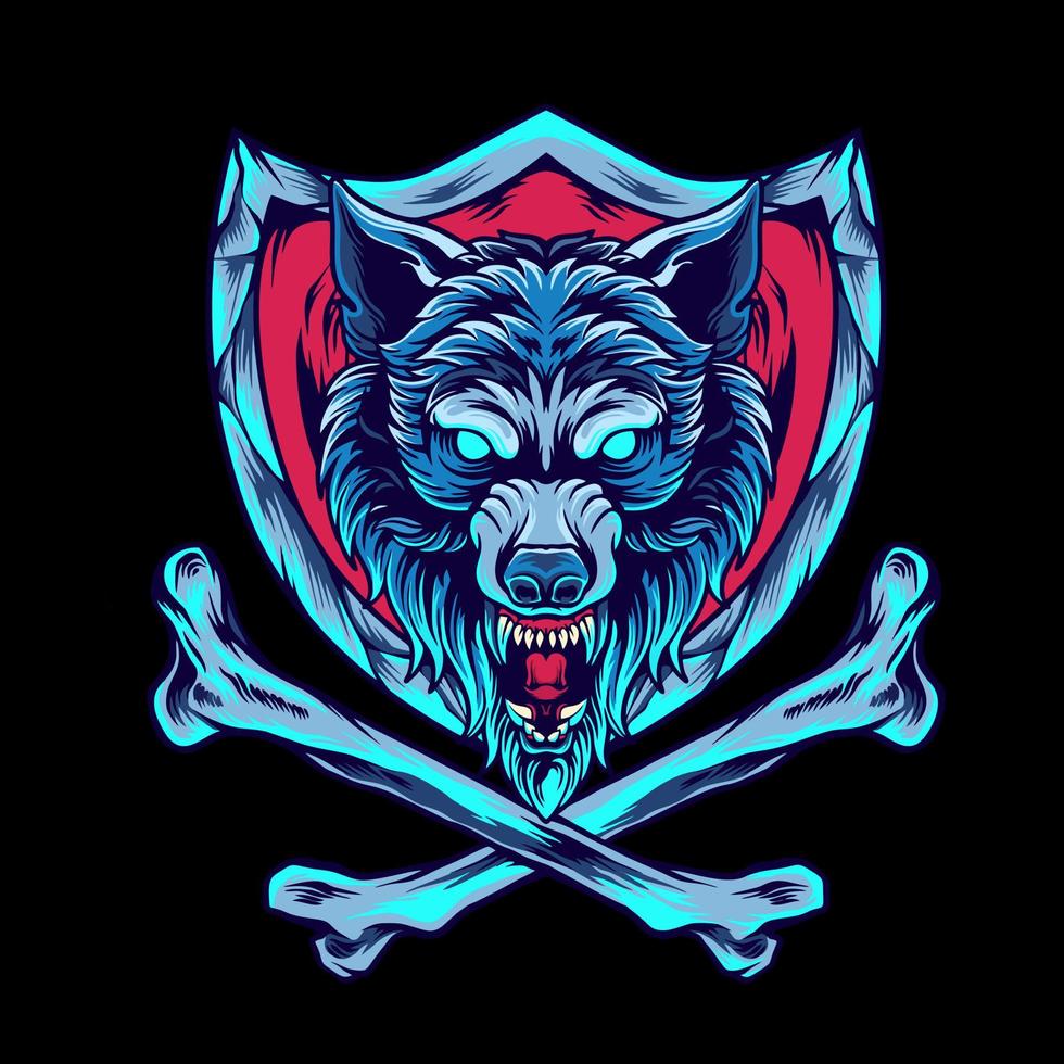 lobo con hueso de cruz y escudo vector