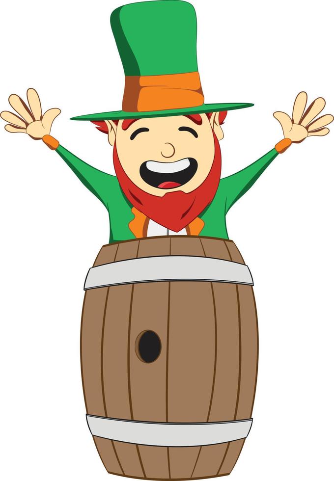 Saint Patricks Day leprechaun character. Leprechaun jumping out of a barrel. Green suite leprechaun celebrating Irish festival. vector