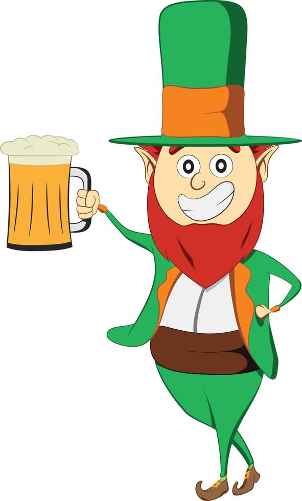 personaje de duende del día de San Patricio. sosteniendo una jarra de cerveza artesanal fresca. Duende de la suite verde celebrando el festival irlandés. vector