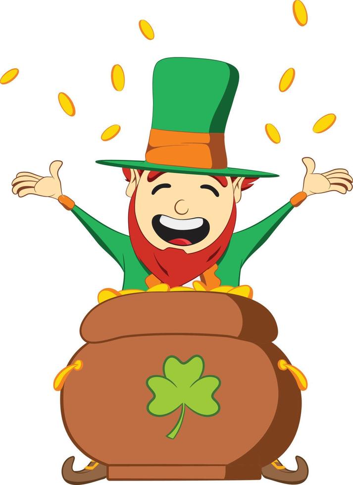 Saint Patricks Day leprechaun character. Sitting inside pot of gold coins falling from sky. Green suite leprechaun celebrating Irish festival. vector