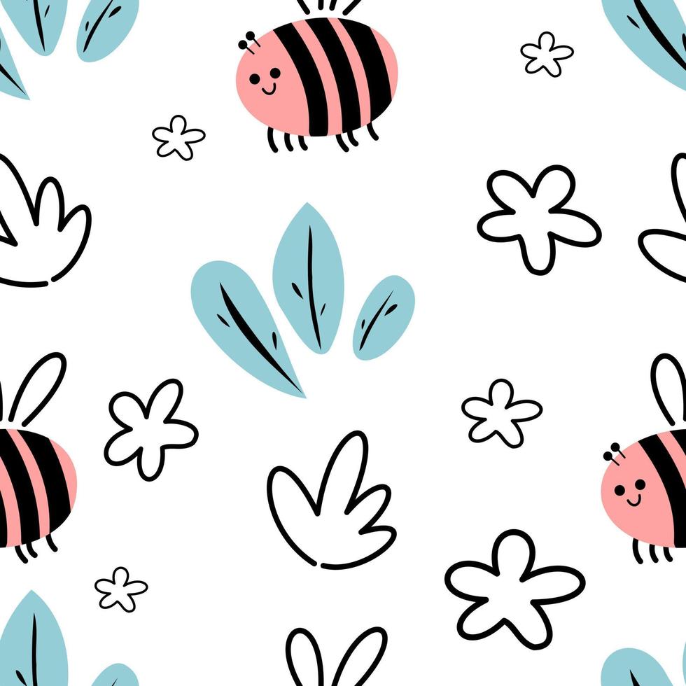 Hand-drawn cute bee seamless pattern vector