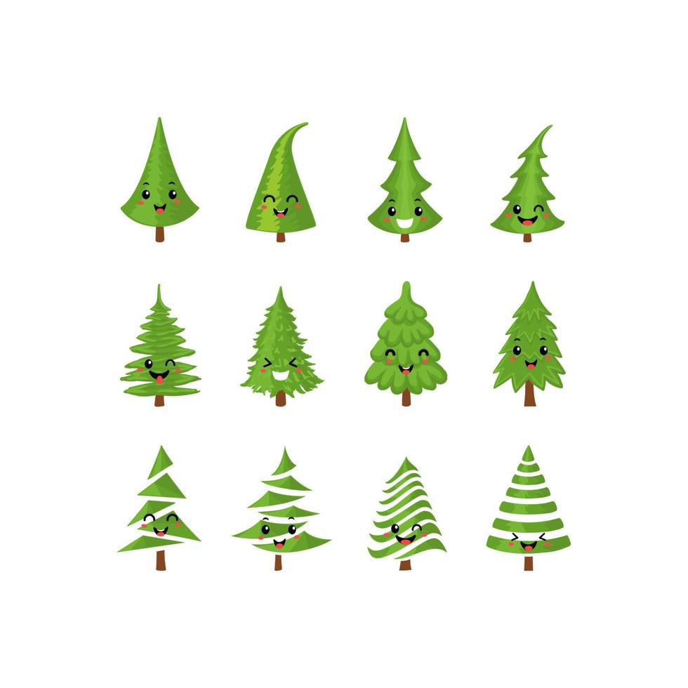 Vector colorful illustration set of a Christmas tree icons isolated on white background, with cute emotional faces
