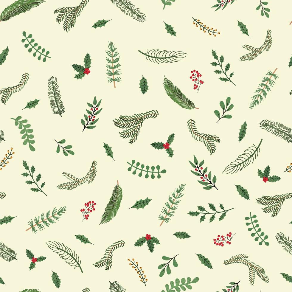 Vector modern seamless pattern with colorful hand draw illustration of Christmas plants. Use it for wallpaper, textile print, fills, web page, surface textures, wrapping paper, design of presentation