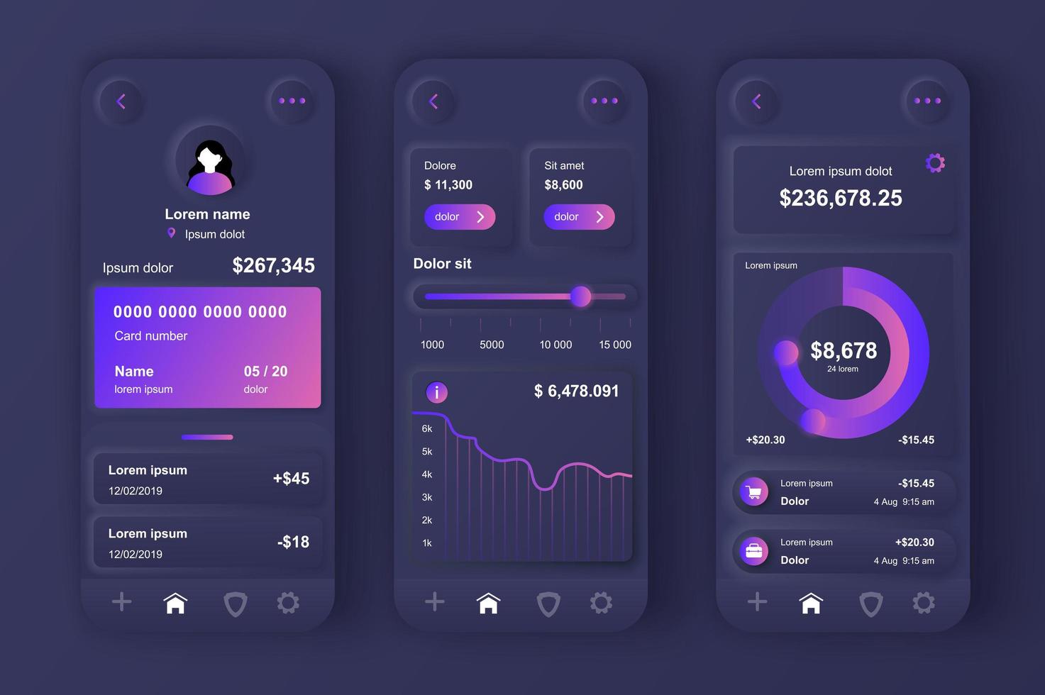 Online banking concept neumorphic templates set. Financial statistics at personal account, bank transactions. UI, UX, GUI screens for responsive mobile app. Vector design kit in neumorphism style