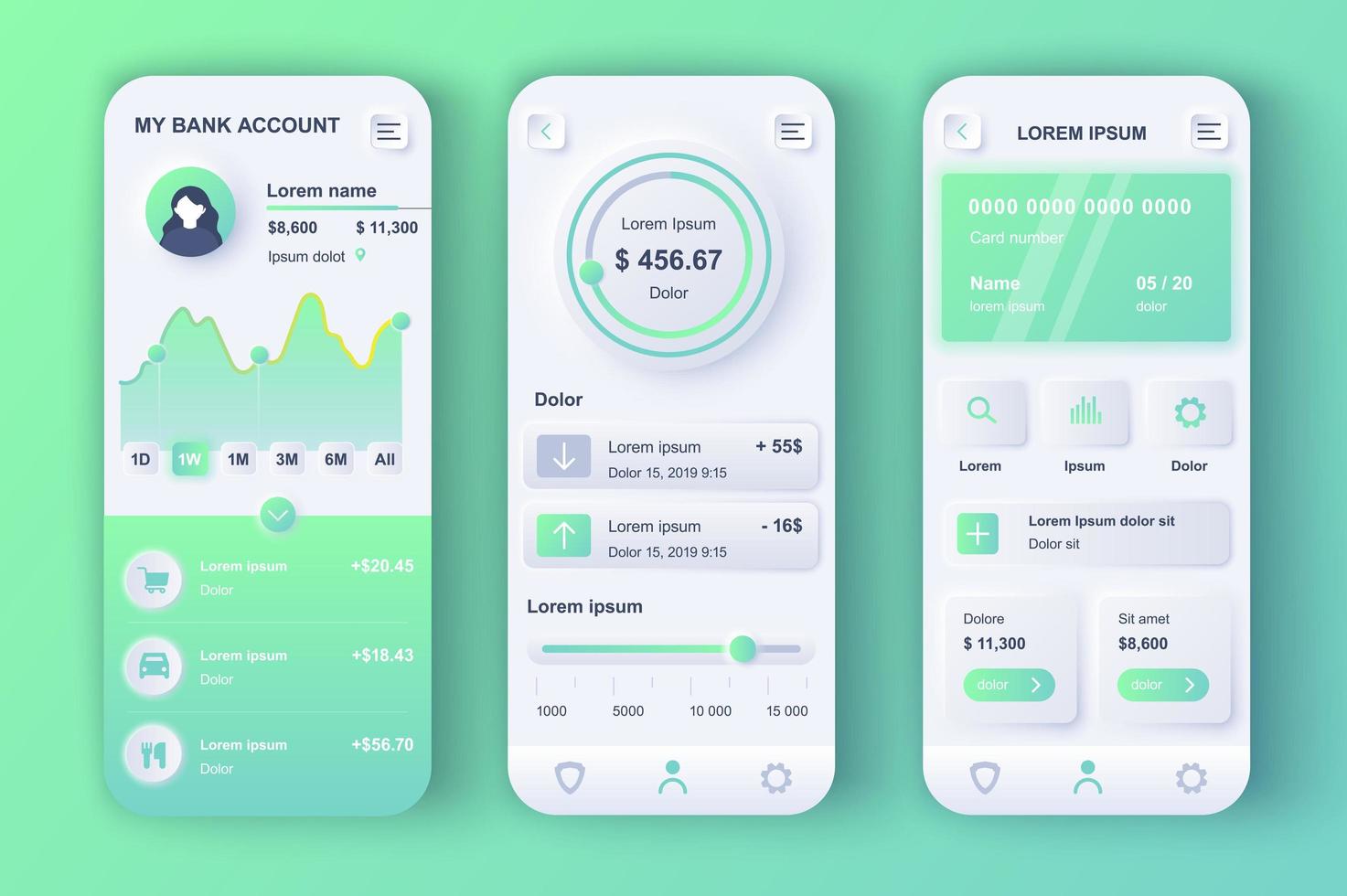 conjunto de plantillas neumorphic concepto de banca en línea. contabilidad financiera, tarjetas de crédito, pagos y servicios bancarios. pantallas ui, ux, gui para aplicaciones móviles receptivas. kit de diseño vectorial en estilo neumorfismo vector