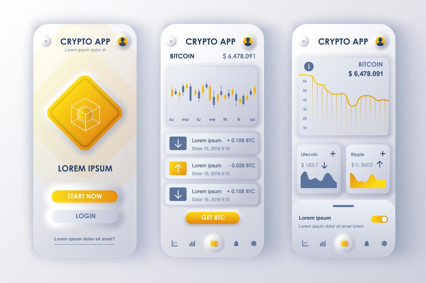 Cryptocurrency concept neumorphic templates set. Financial data analytics, buying and selling bitcoins, mining. UI, UX, GUI screens for responsive mobile app. Vector design kit in neumorphism style