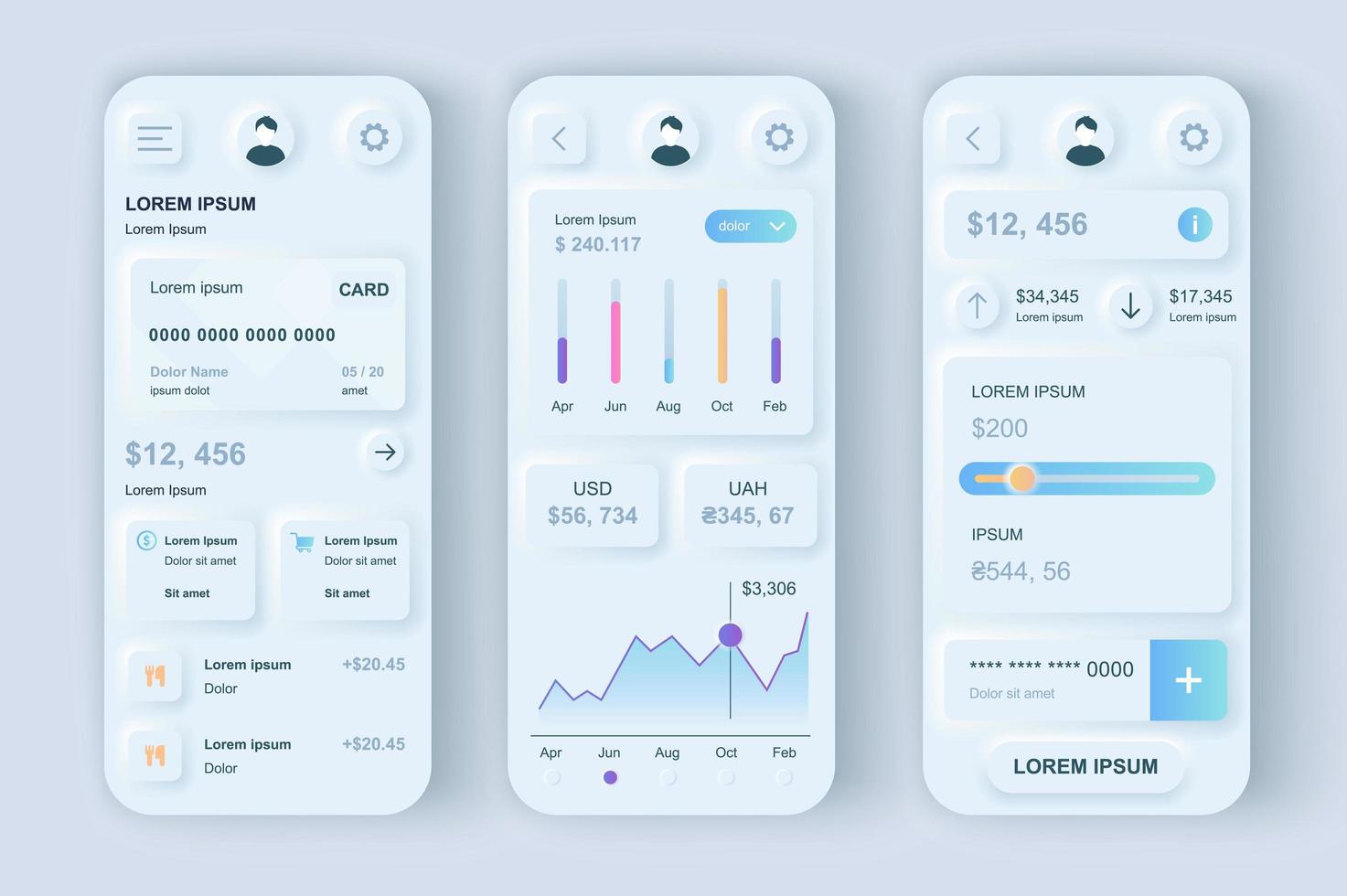 Finance services concept neumorphic templates set. Financial account management and statistics visualization. UI, UX, GUI screens for responsive mobile app. Vector design kit in neumorphism style