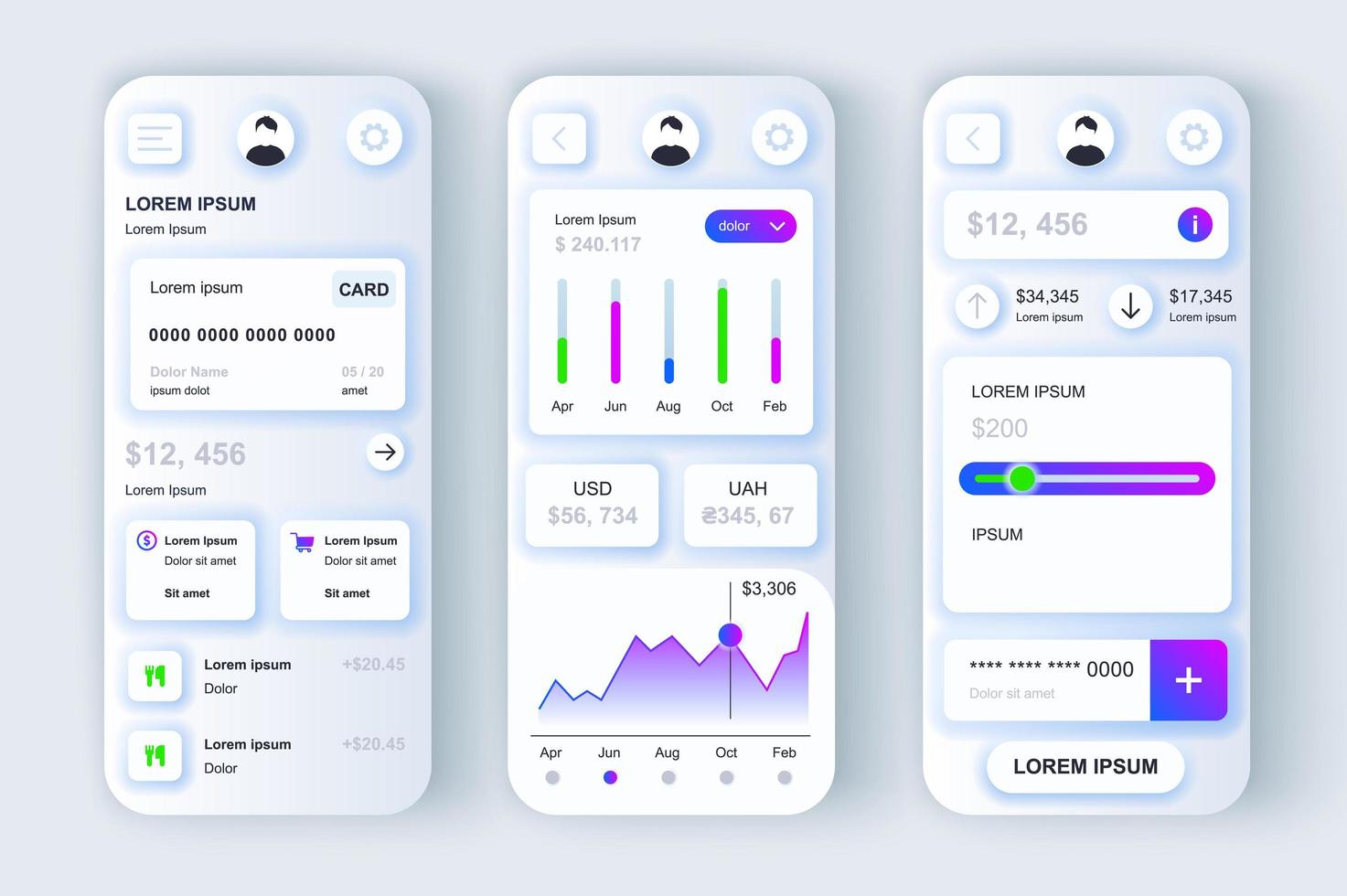 concepto de servicios financieros conjunto de plantillas neumorficas. servicio de tarjeta de crédito y seguimiento de gastos e ingresos. pantallas ui, ux, gui para aplicaciones móviles receptivas. kit de diseño vectorial en estilo neumorfismo vector