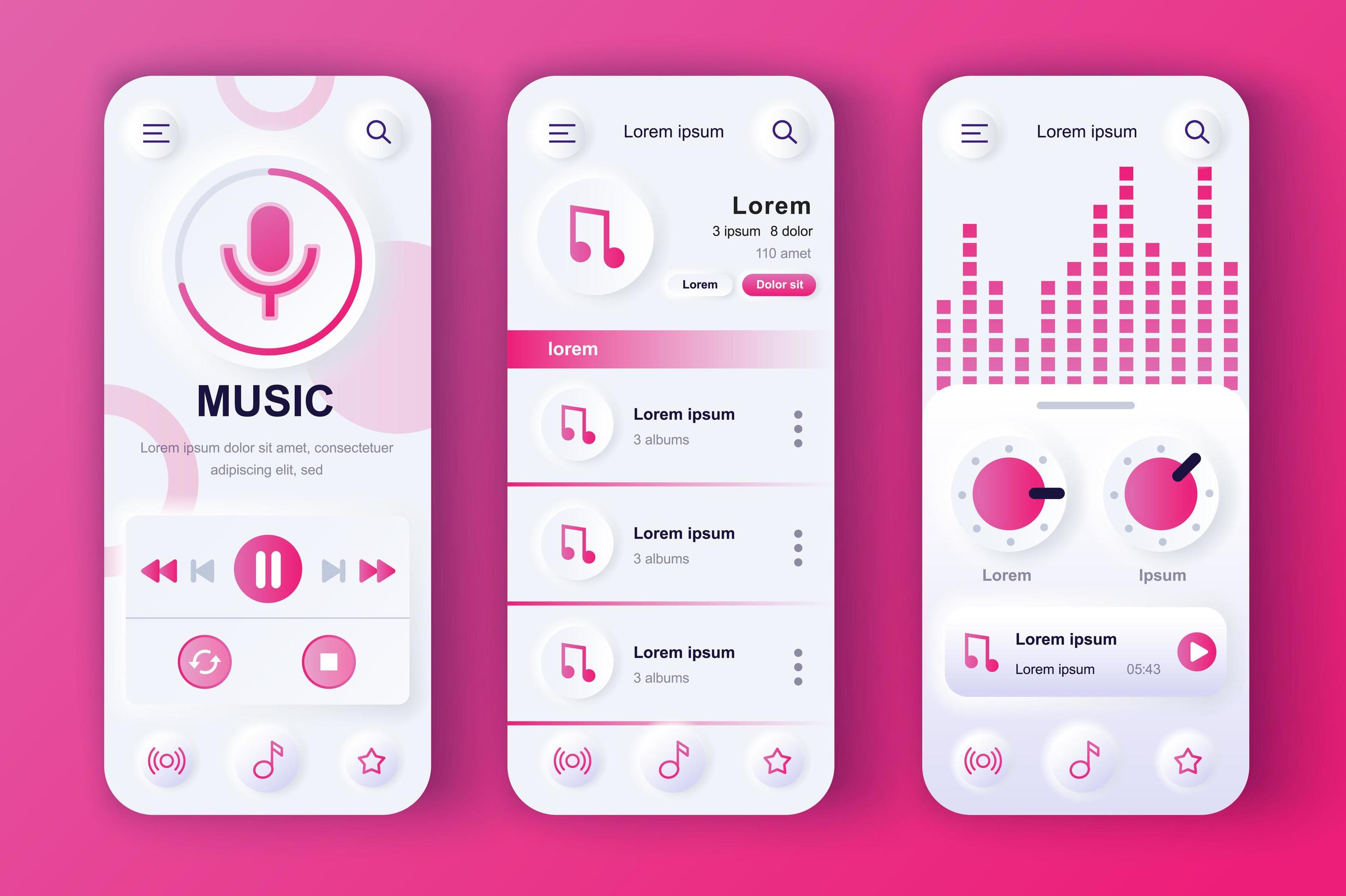 Music player concept neumorphic templates set. Play music, song ...
