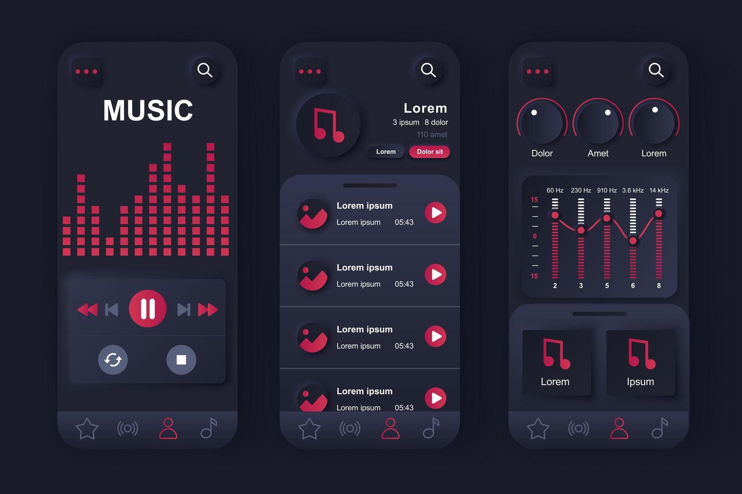 Music player concept neumorphic templates set. Player interface with buttons, song list, sound setting, playlists. UI, UX, GUI screens for responsive mobile app. Vector design kit in neumorphism style