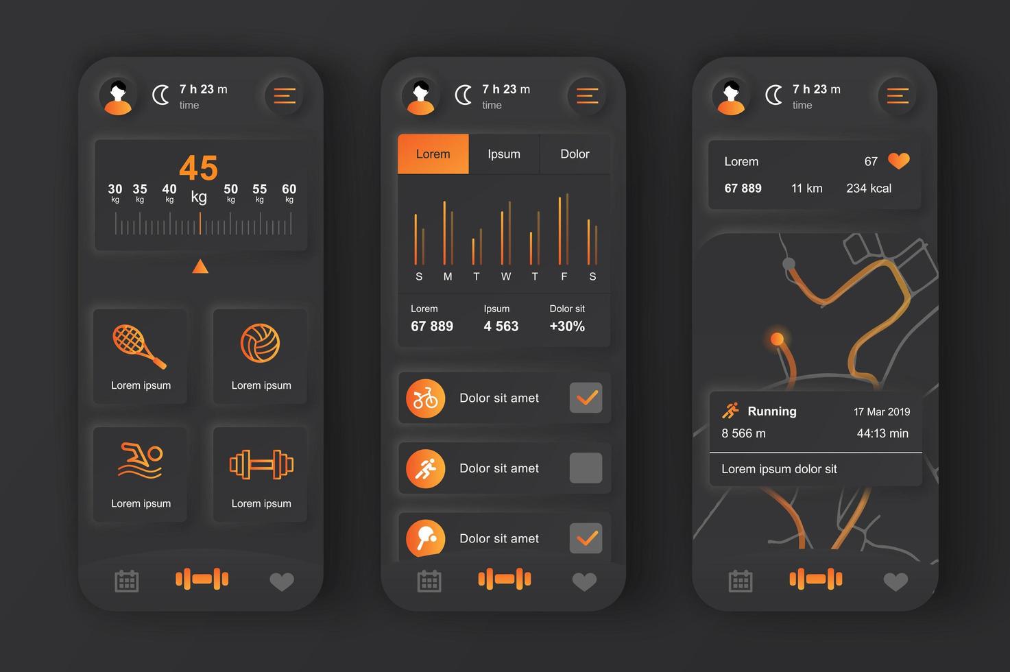 Fitness workout concept neumorphic templates set. Sports activity tracker, weight check, map with route for run. UI, UX, GUI screens for responsive mobile app. Vector design kit in neumorphism style