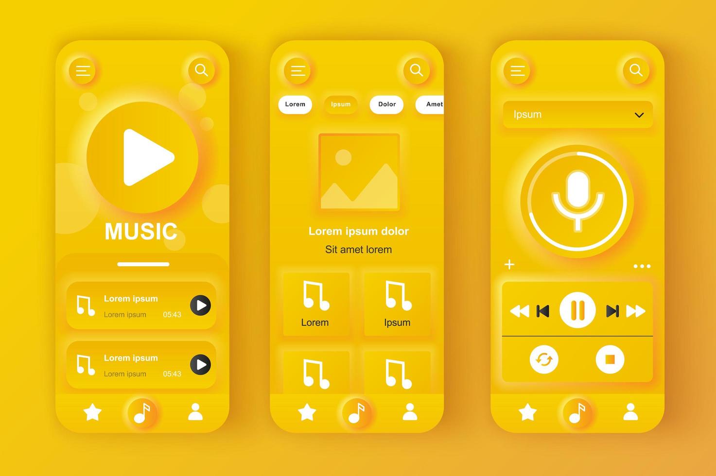 concepto de reproductor de música conjunto de plantillas neumorficas. interfaz de reproductor con álbumes musicales, lista de reproducción de canciones, navegación. pantallas ui, ux, gui para aplicaciones móviles receptivas. kit de diseño vectorial en estilo neumorfismo vector