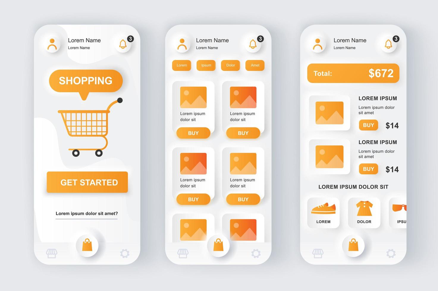 concepto de compras en línea conjunto de plantillas neumorficas. página web de la tienda, surtido de la tienda, compra y pago del pedido. pantallas ui, ux, gui para aplicaciones móviles receptivas. kit de diseño vectorial en estilo neumorfismo vector