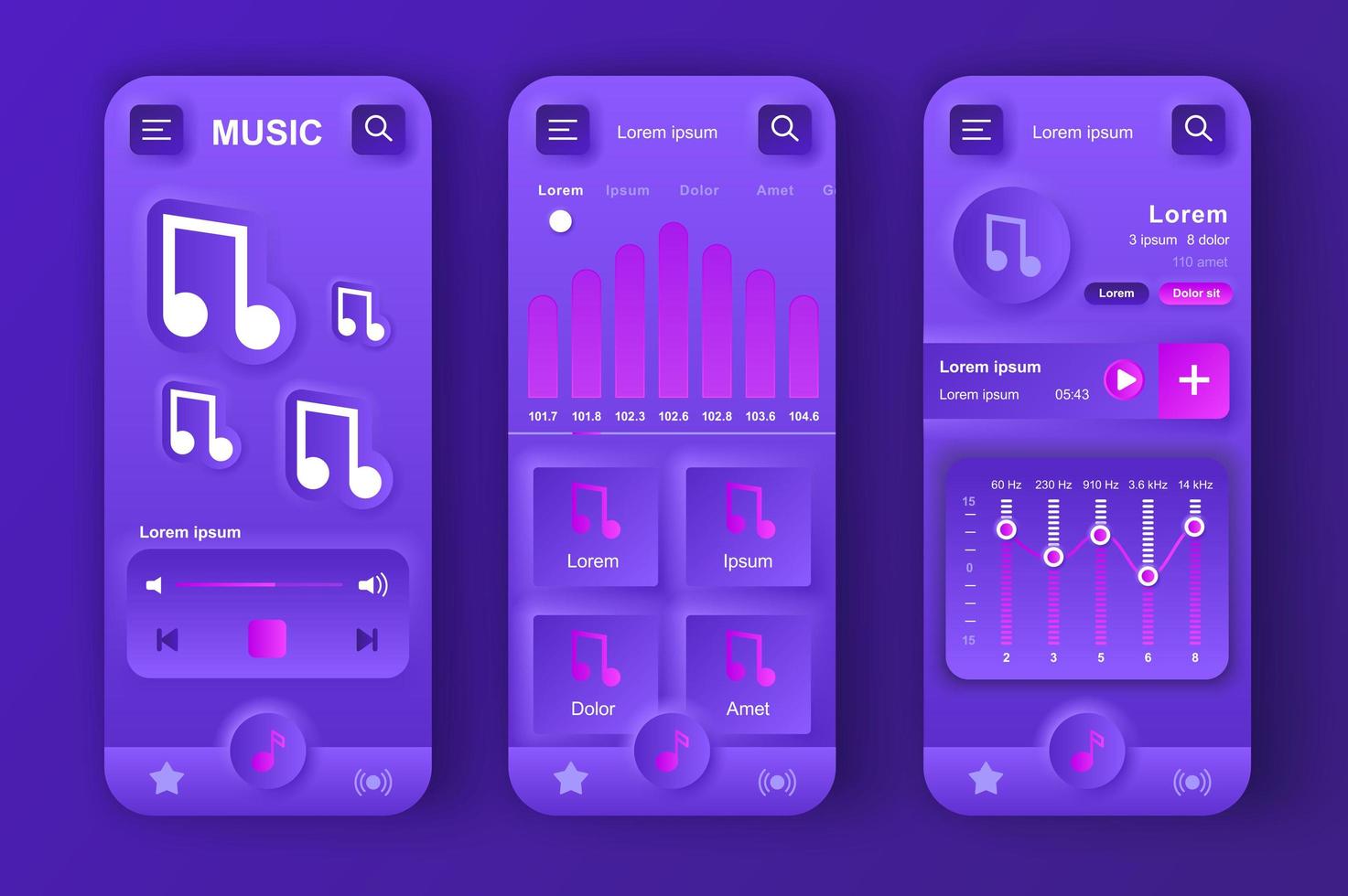 Music player concept neumorphic templates set. Navigation and interface elements with notes symbols, play songs. UI, UX, GUI screens for responsive mobile app. Vector design kit in neumorphism style