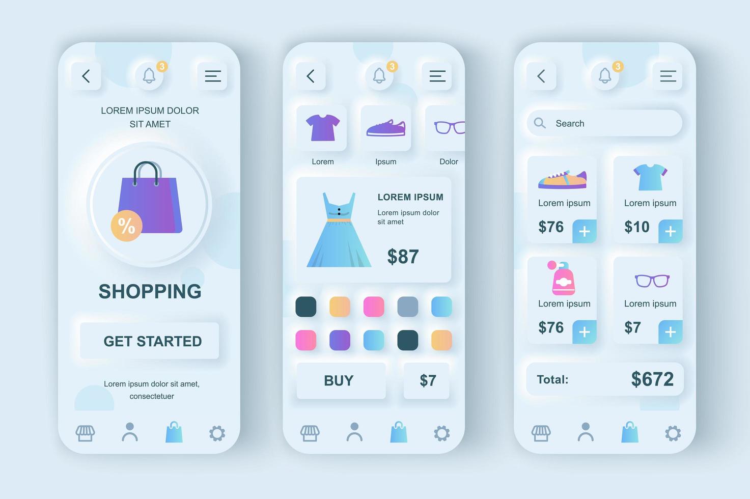 Online shopping concept neumorphic templates set. Clothes and shoes store web page, purchase of goods, payment. UI, UX, GUI screens for responsive mobile app. Vector design kit in neumorphism style