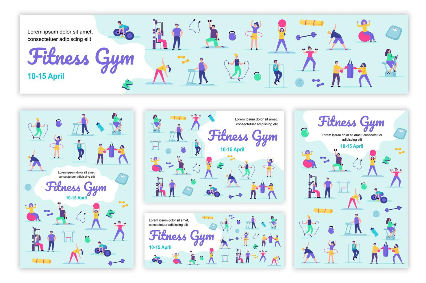 Fitness gym poster and banner templates set. Men and women perform exercises on sports equipment, cardio and strength training. Cover brochure with tiny people in flat design. Vector illustration.