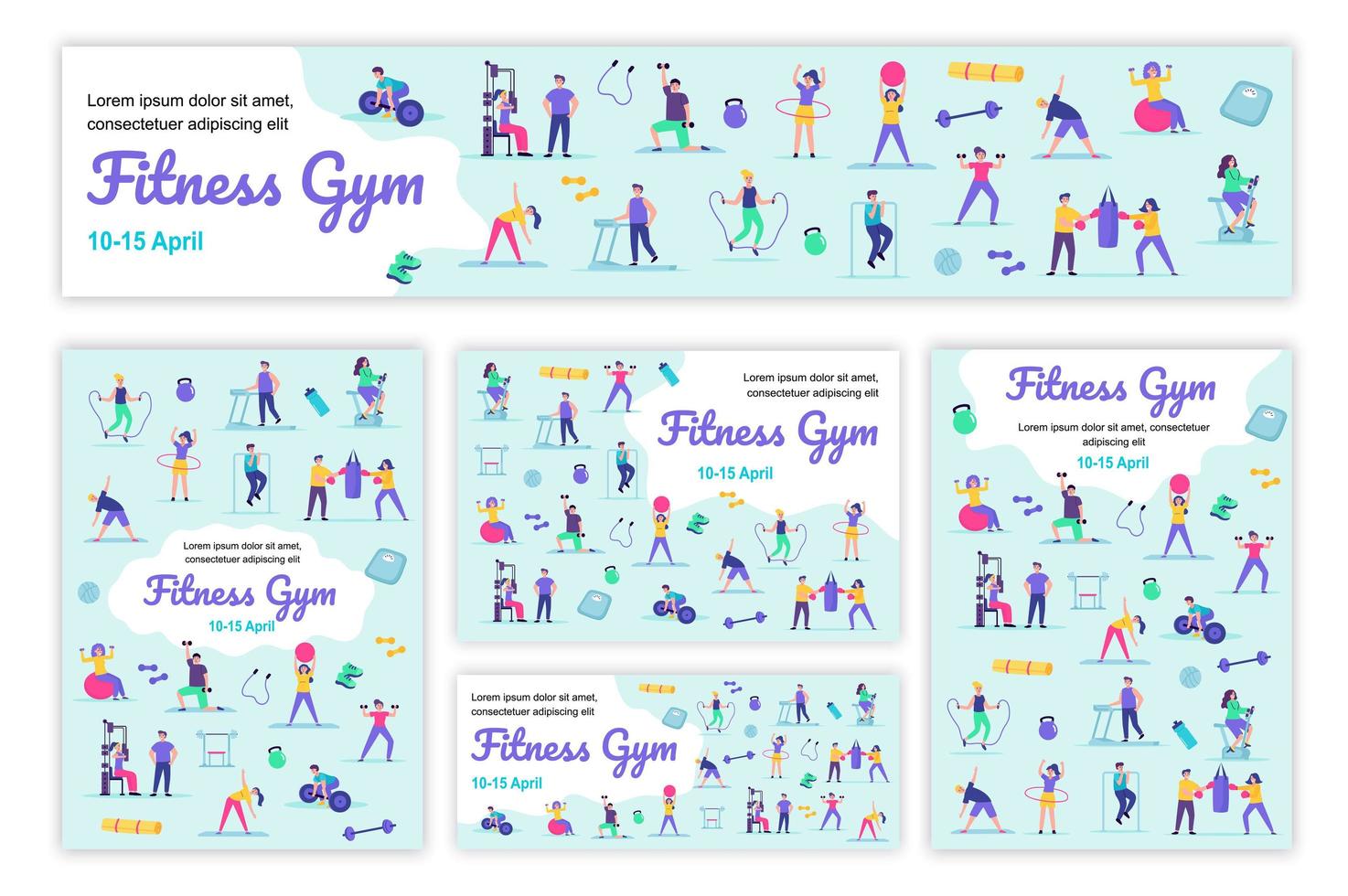 Conjunto de plantillas de carteles y pancartas de gimnasio de fitness. hombres y mujeres realizan ejercicios en equipos deportivos, cardio y entrenamiento de fuerza. Folleto de portada con personas diminutas en diseño plano. ilustración vectorial. vector