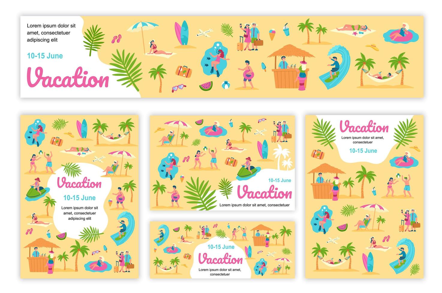 cartel de vacaciones de verano y conjunto de plantillas de banner. hombres y mujeres que se relajan en el balneario, nadan, toman el sol, surfean, descansan. Folleto de portada con personas diminutas en diseño plano. ilustración vectorial. vector