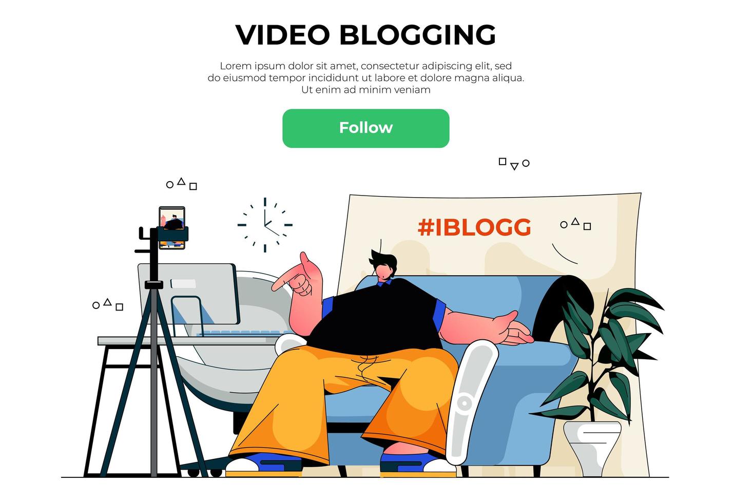 concepto de banner web de blogs de vídeo. man blogger o vlogger grabando contenido de video, transmisión en vivo para seguidores desde el teléfono, plantilla de página de destino. ilustración vectorial con escena de personas en diseño plano vector