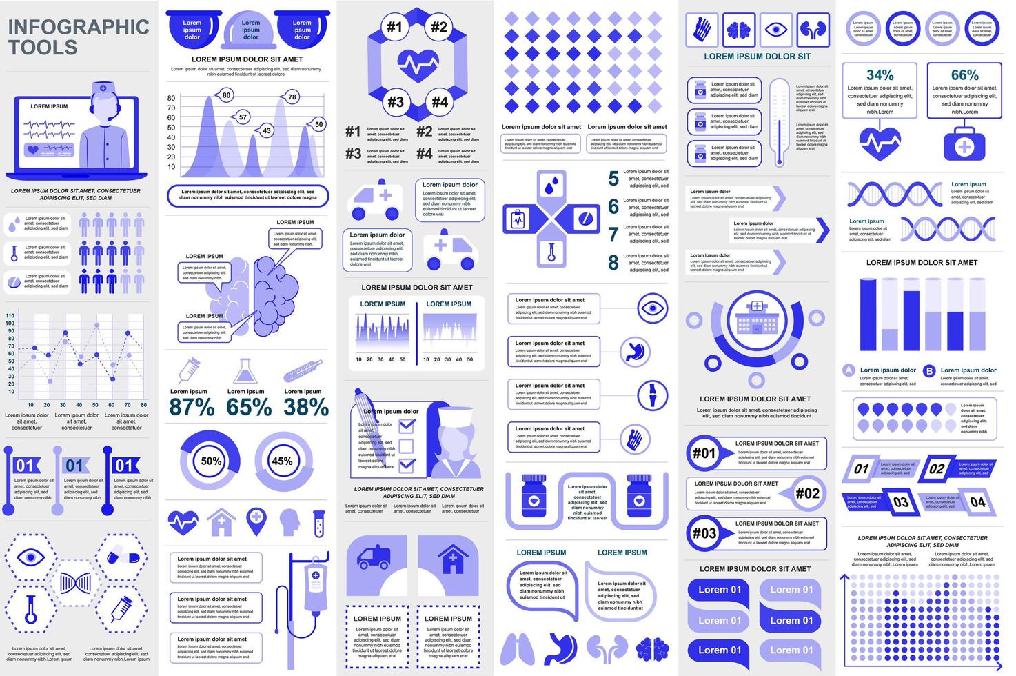 paquete de plantilla de diseño de vector de visualización de datos de elementos de infografía médica. mega set. se puede utilizar para pasos, procesos, flujo de trabajo, diagrama, concepto de atención médica, línea de tiempo, iconos, gráficos de información.