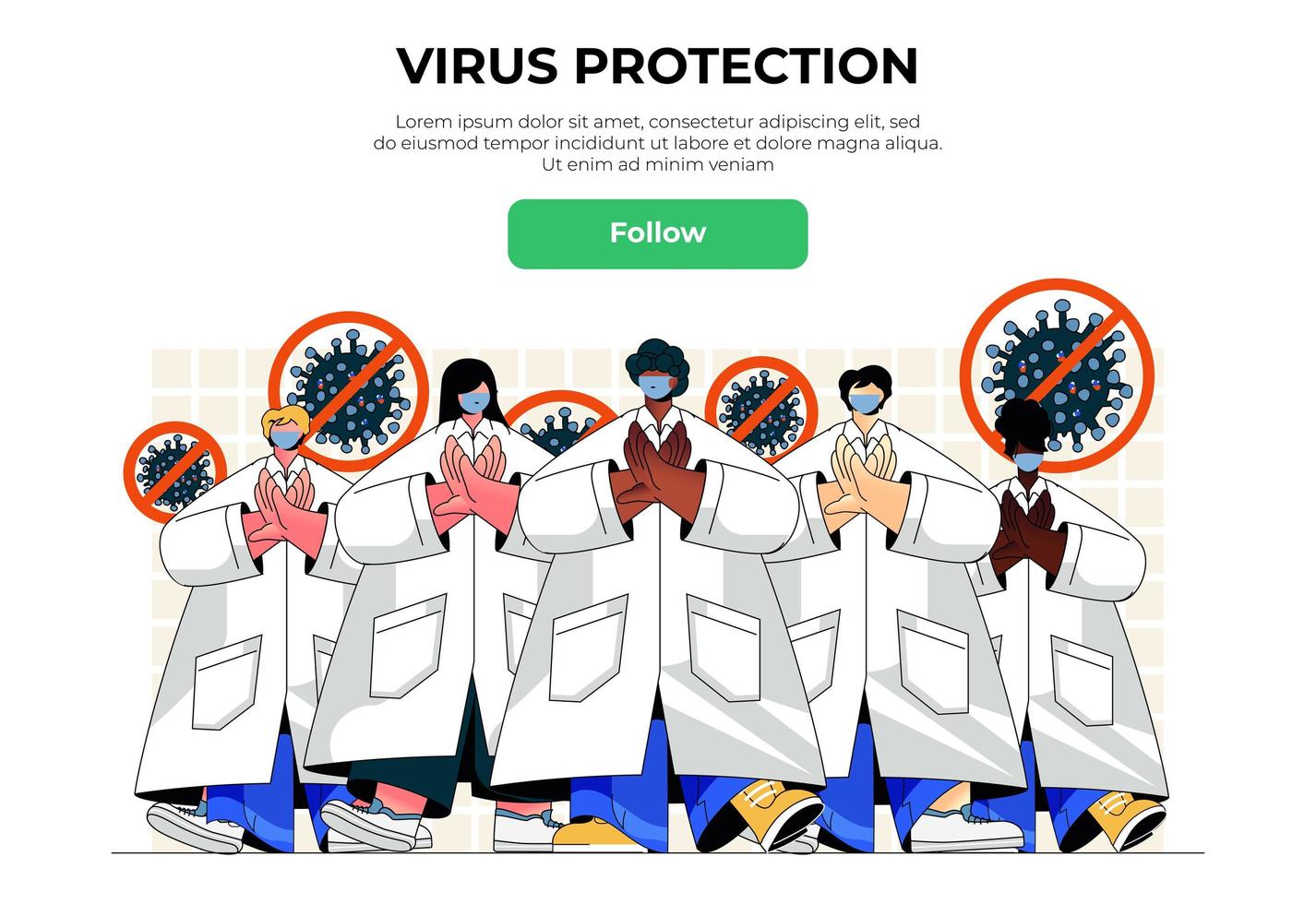 Virus protection web banner concept. Doctors in white coats and medical masks protect against disease, stop pandemic spread, landing page template. Vector illustration with people scene in flat design