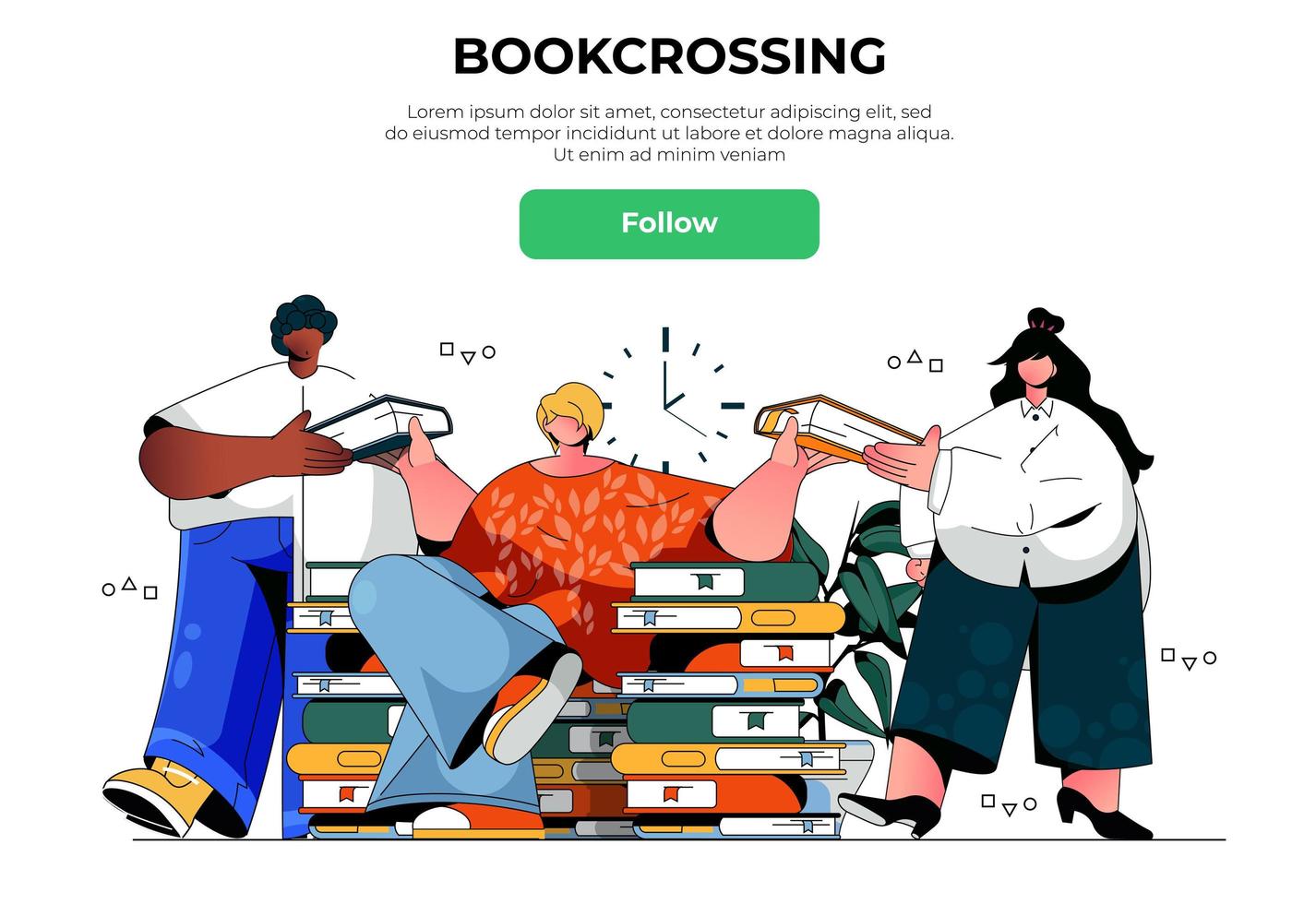 Bookcrossing web banner concept. Men and woman reading, sharing and exchanging paper books, literature readers and library landing page template. Vector illustration with people scene in flat design