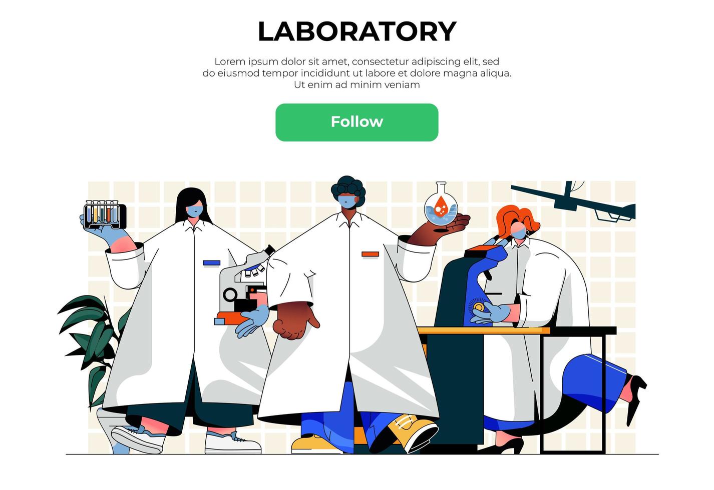 concepto de banner web de laboratorio. científicos con batas blancas que realizan investigaciones científicas en el laboratorio, médicos que realizan pruebas médicas, plantilla de página de destino. ilustración vectorial con escena de personas en diseño plano vector