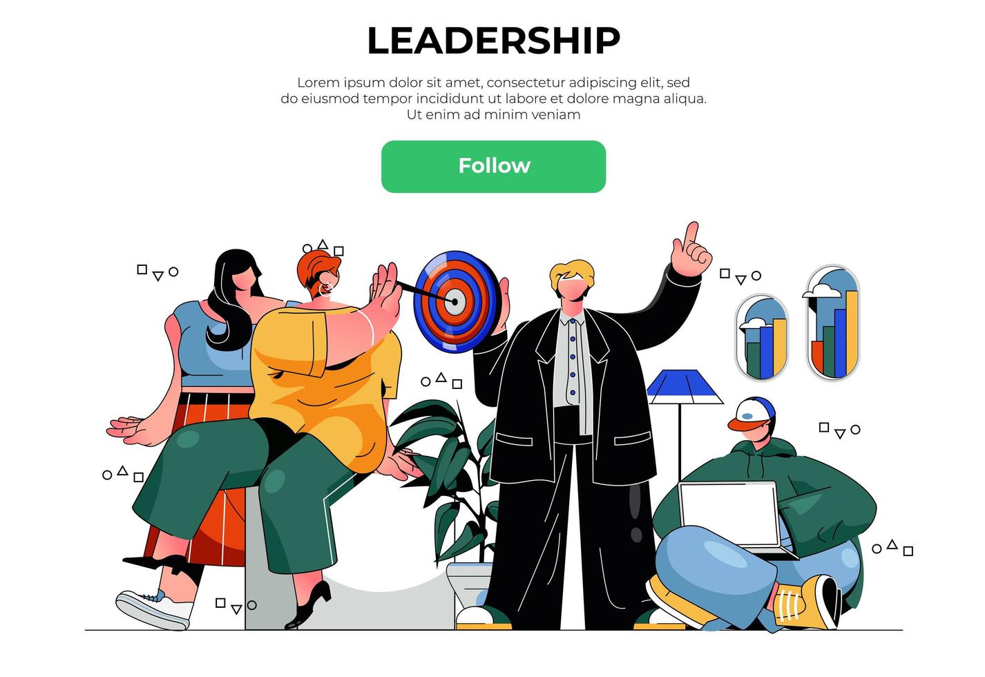 Leadership web banner concept. Businessman and businesswoman working together, targeting, success teamwork and partnership, landing page template. Vector illustration with people scene in flat design