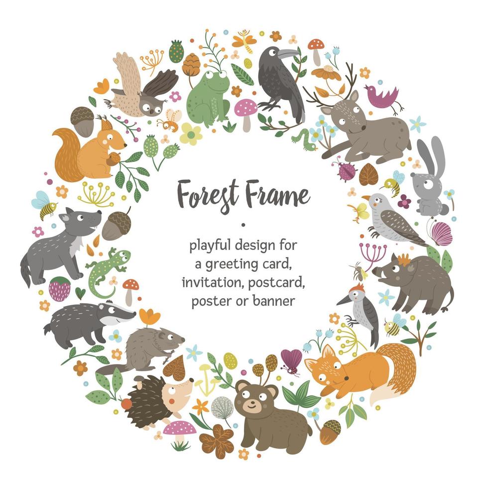 Vector round frame with animals and forest elements on black background. Natural themed banner. Cute funny woodland card template.