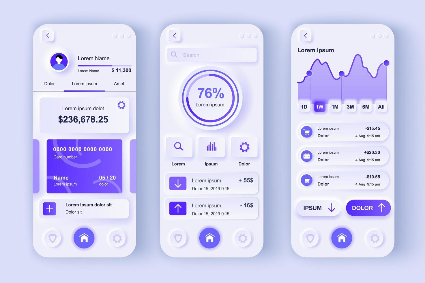 conjunto de plantillas neumorphic concepto de banca en línea. transacciones financieras y contabilidad en la interfaz del teléfono inteligente. pantallas ui, ux, gui para aplicaciones móviles receptivas. kit de diseño vectorial en estilo neumorfismo vector