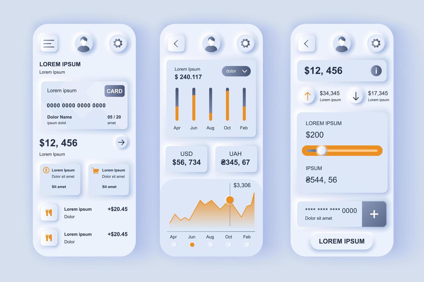 Finance services concept neumorphic templates set. Financial account in online banking, transaction monitoring. UI, UX, GUI screens for responsive mobile app. Vector design kit in neumorphism style