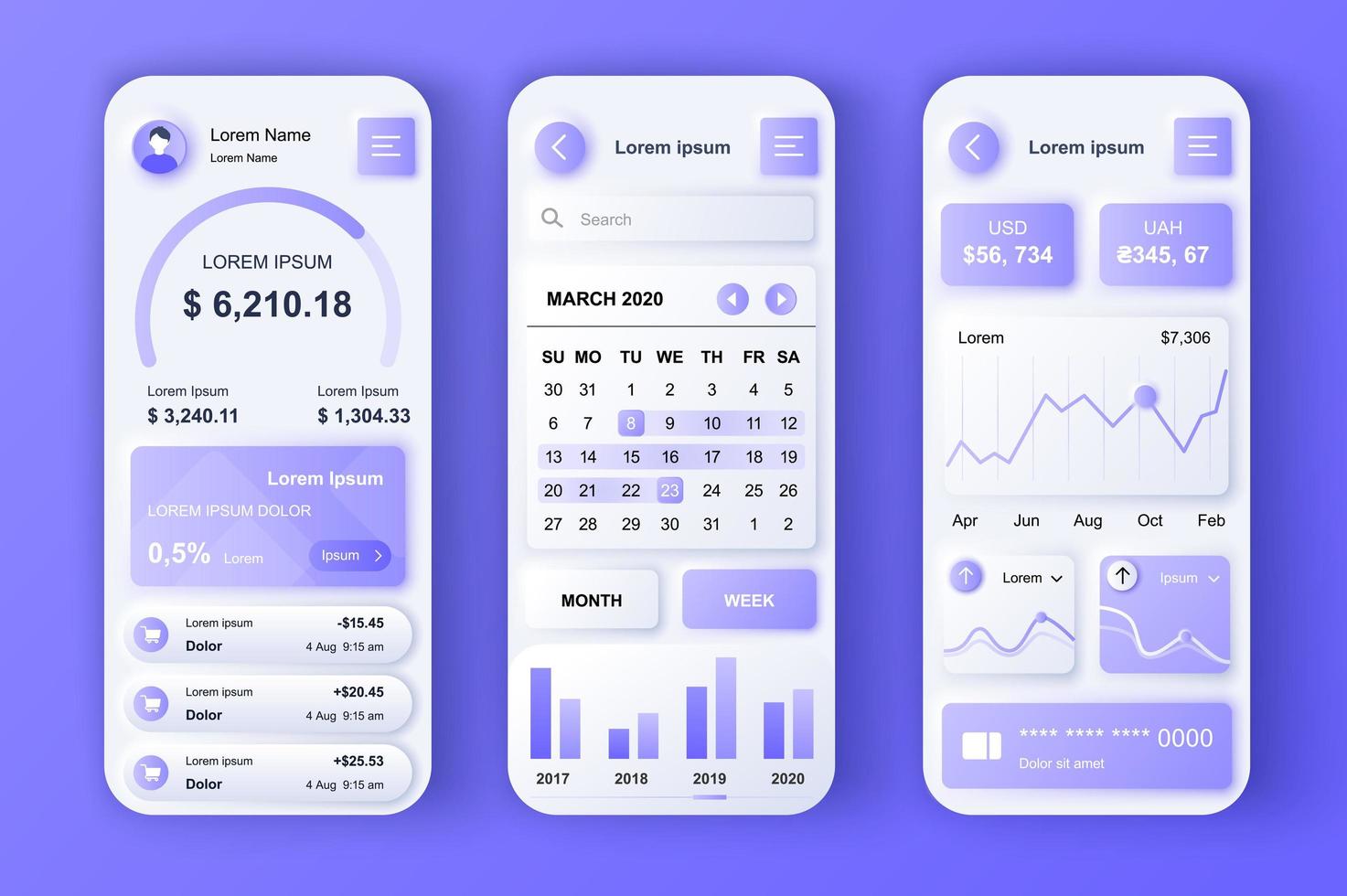 Finance services concept neumorphic templates set. Online banking, income statistics, planning and investments. UI, UX, GUI screens for responsive mobile app. Vector design kit in neumorphism style