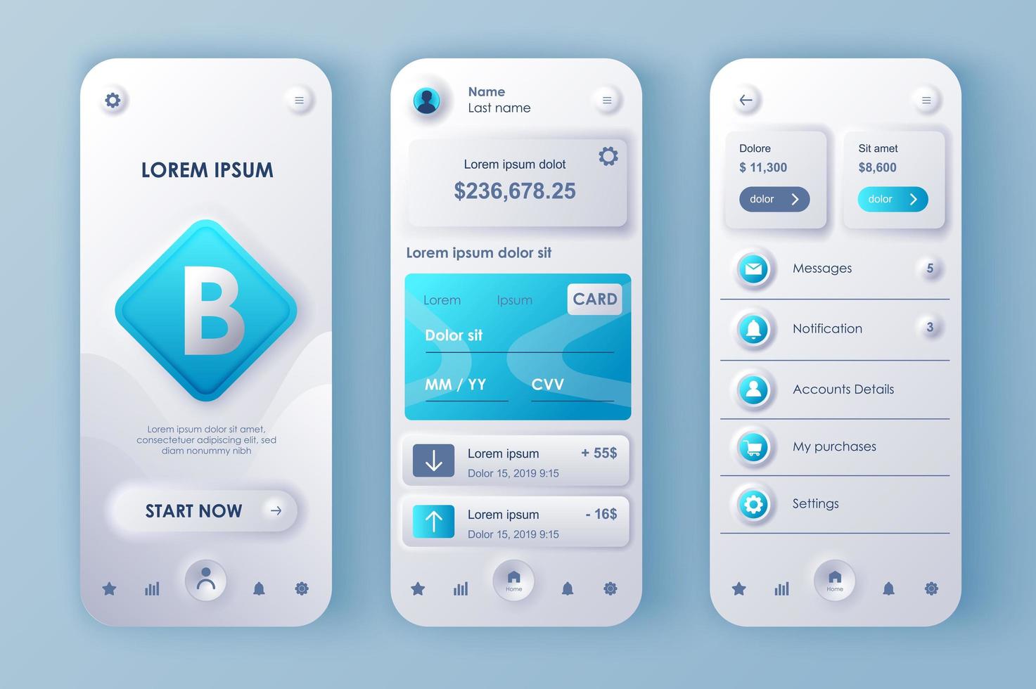 Online banking concept neumorphic templates set. Personal account, credit card service, financial transactions. UI, UX, GUI screens for responsive mobile app. Vector design kit in neumorphism style