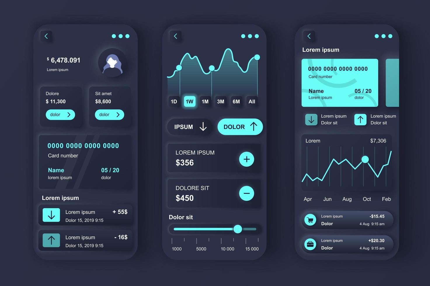 Online banking concept neumorphic templates set. Personal financial account interface with analytics information. UI, UX, GUI screens for responsive mobile app. Vector design kit in neumorphism style