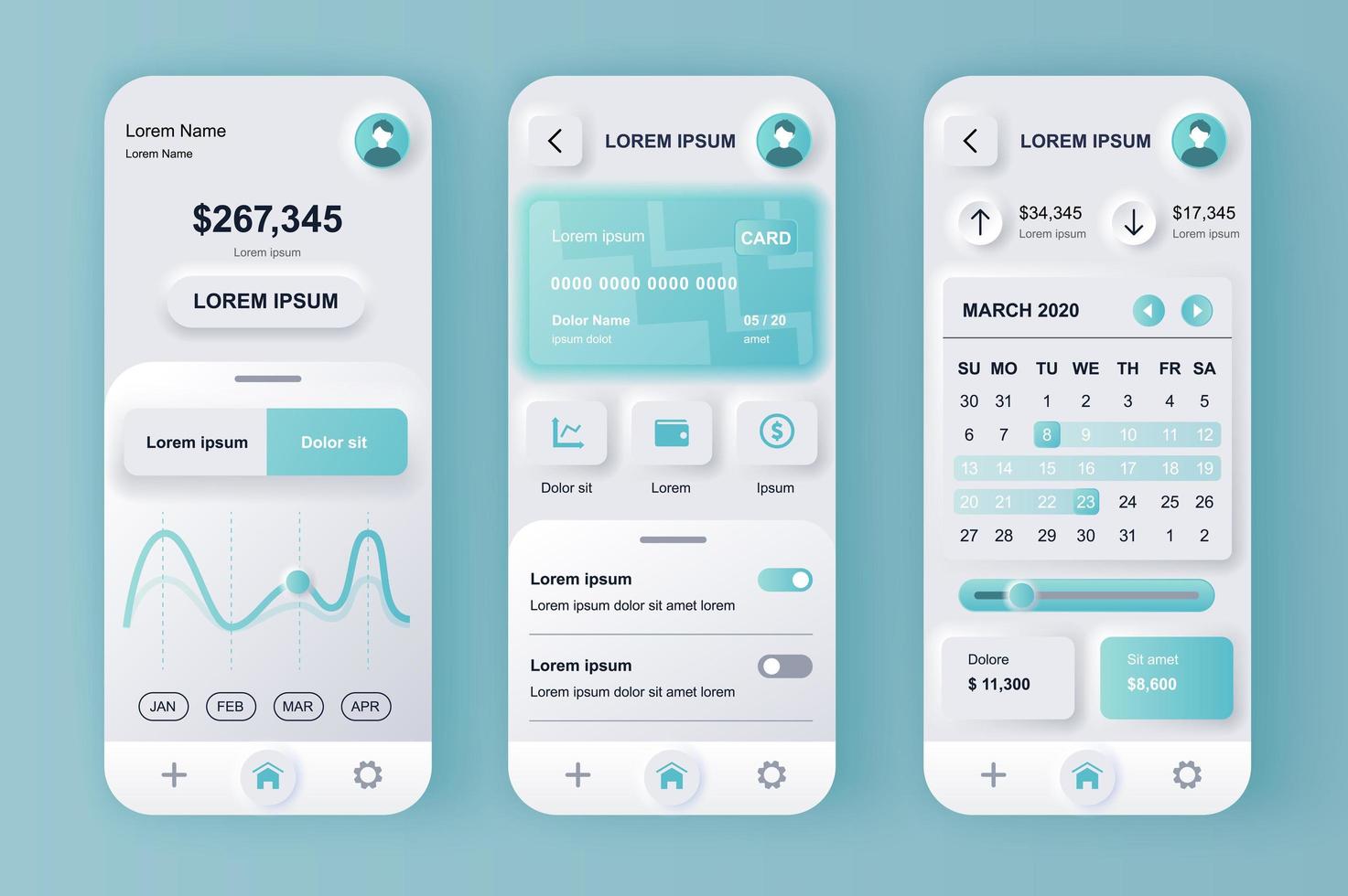 Finance services concept neumorphic templates set. Financial transactions in online banking smartphone interface. UI, UX, GUI screens for responsive mobile app. Vector design kit in neumorphism style