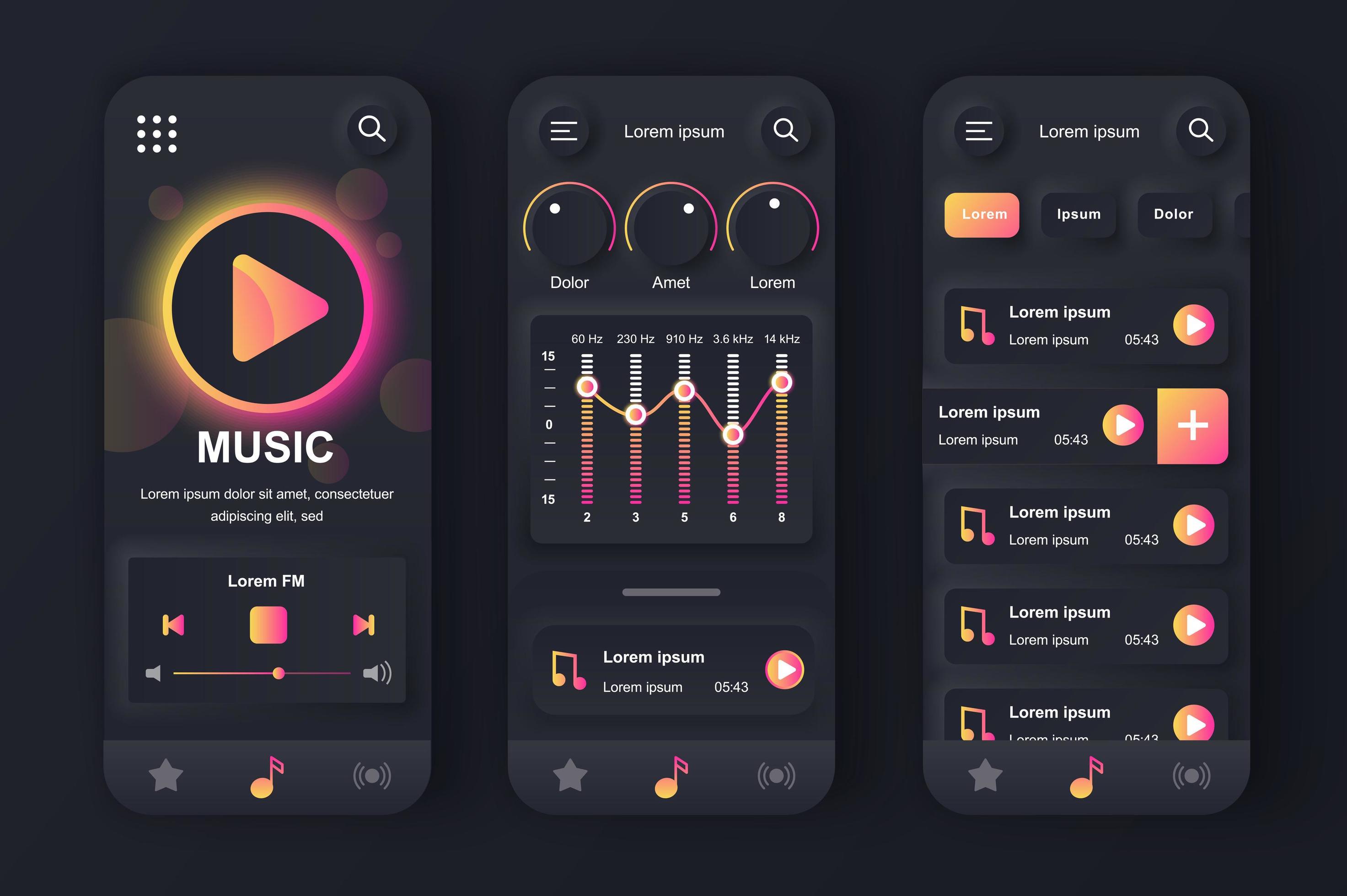 Music player concept neumorphic templates set. Play songs, equalizer