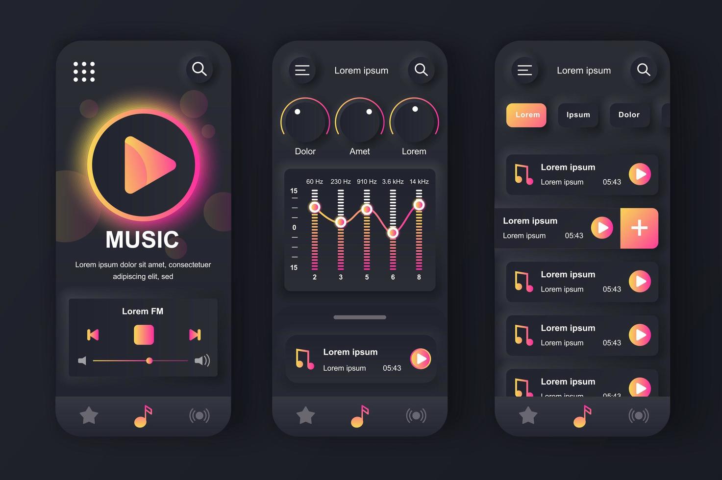 concepto de reproductor de música conjunto de plantillas neumorficas. reproducir canciones, ajustes del ecualizador, lista de reproducción, elementos de navegación. pantallas ui, ux, gui para aplicaciones móviles receptivas. kit de diseño vectorial en estilo neumorfismo vector