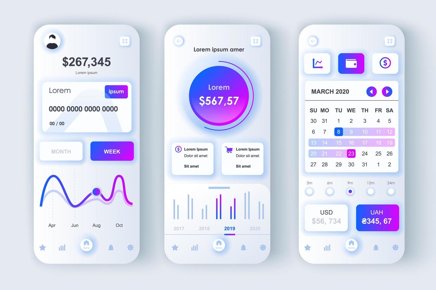 Finance services concept neumorphic templates set. Online banking, account opening, monitoring and navigation. UI, UX, GUI screens for responsive mobile app. Vector design kit in neumorphism style