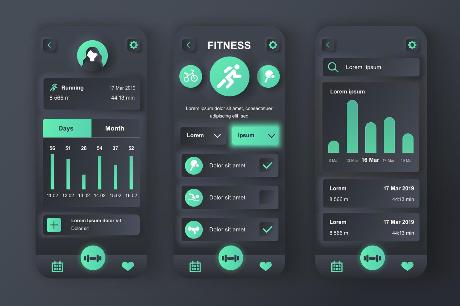 Fitness workout concept neumorphic templates set. Daily running tracker, sports activity, training planning. UI, UX, GUI screens for responsive mobile app. Vector design kit in neumorphism style