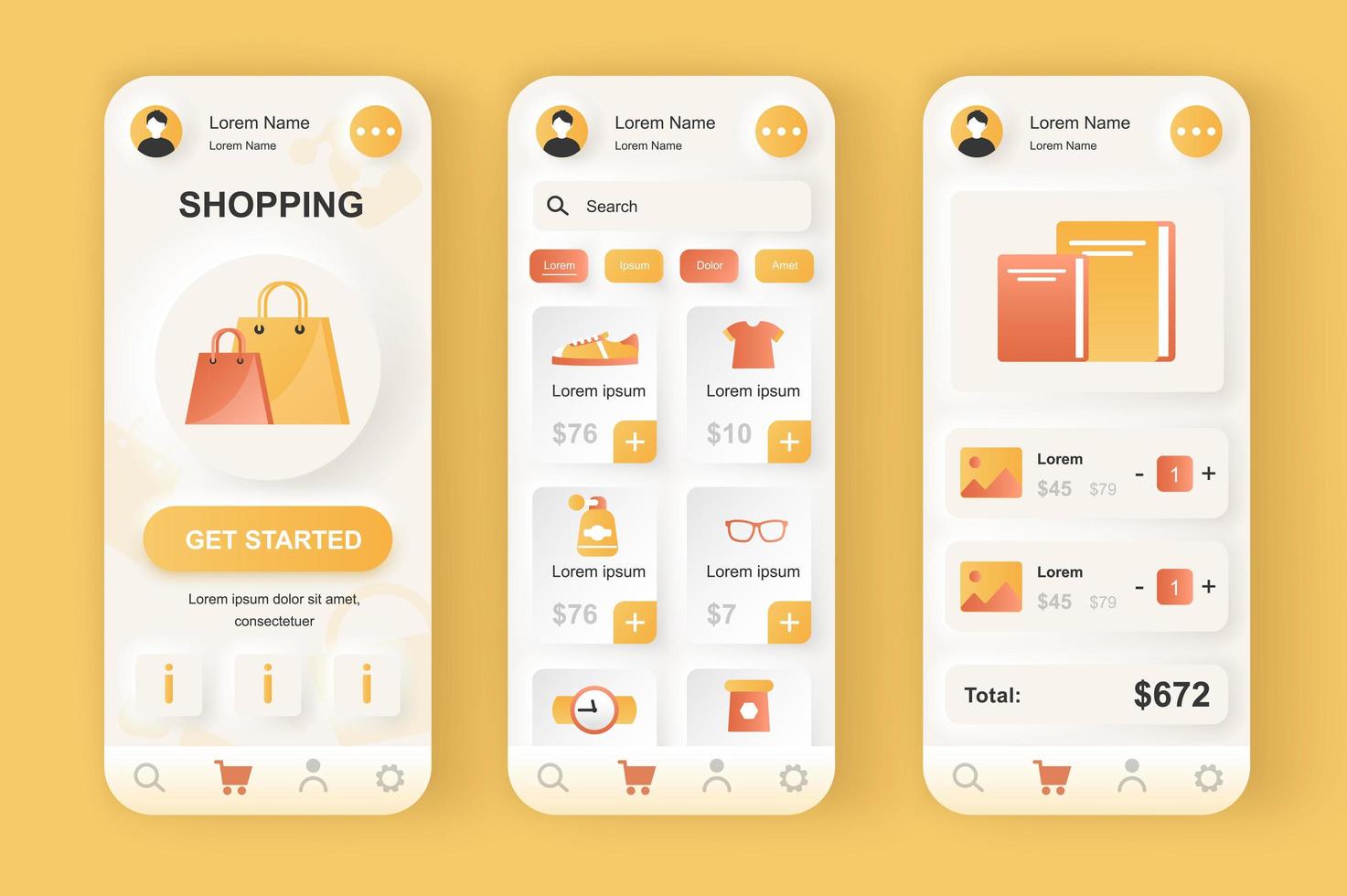 concepto de compras en línea conjunto de plantillas neumorficas. compra de ropa, zapatos y libros en la aplicación para smartphone. pantallas ui, ux, gui para aplicaciones móviles receptivas. kit de diseño vectorial en estilo neumorfismo vector