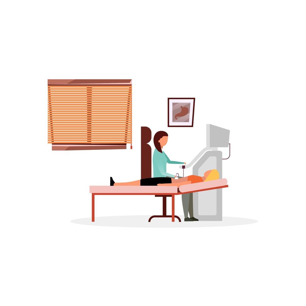 Sonographer examining patient flat vector illustration. Doctor, therapist doing diagnostic abdominal ultrasound procedure, ultrasonography. Gastroenterologist diagnosing cartoon character