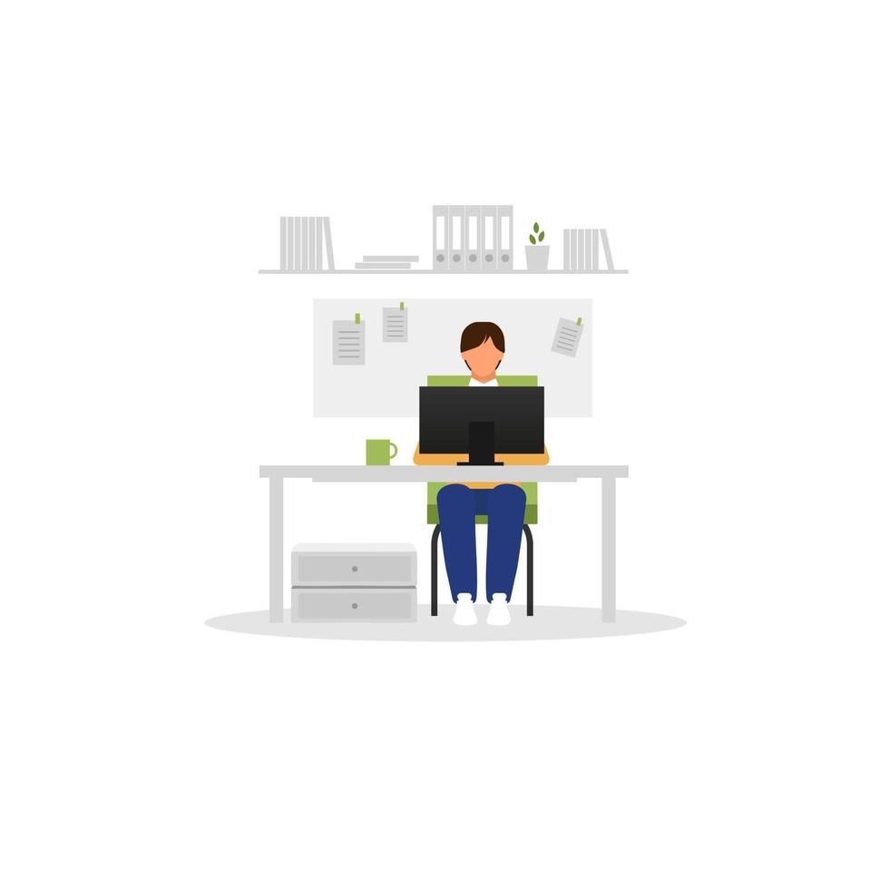 Office worker with laptop flat vector illustration. Man working at desk isolated cartoon character on white background. Manager, designer, programmer using PC. Workplace, workspace