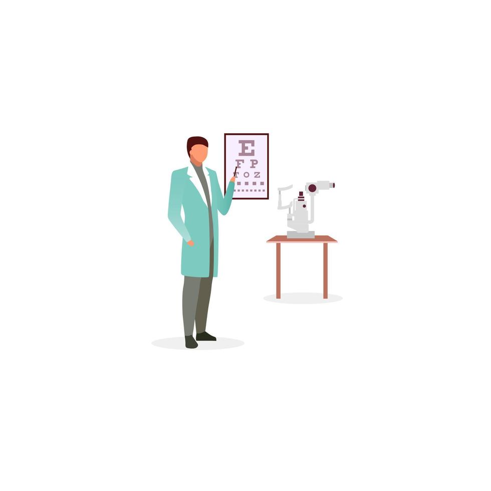 Doctor with snellen eye chart flat vector illustration. Ophthalmologist checking visual acuity. Optician pointing on vision test chart cartoon character. Ophthalmological examination. Medical worker