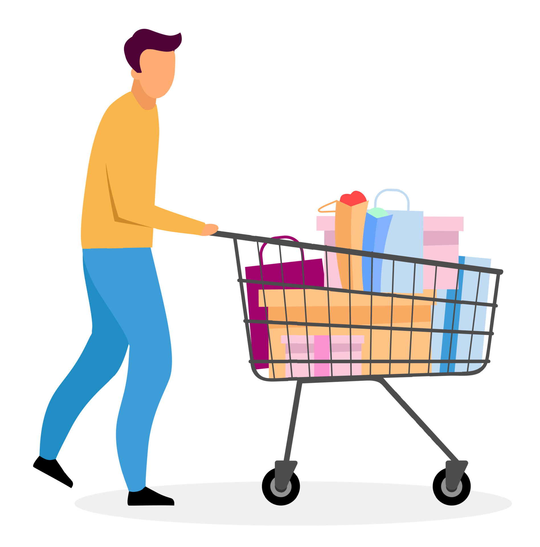 Man with shopping cart flat vector illustration. Cartoon boy buying