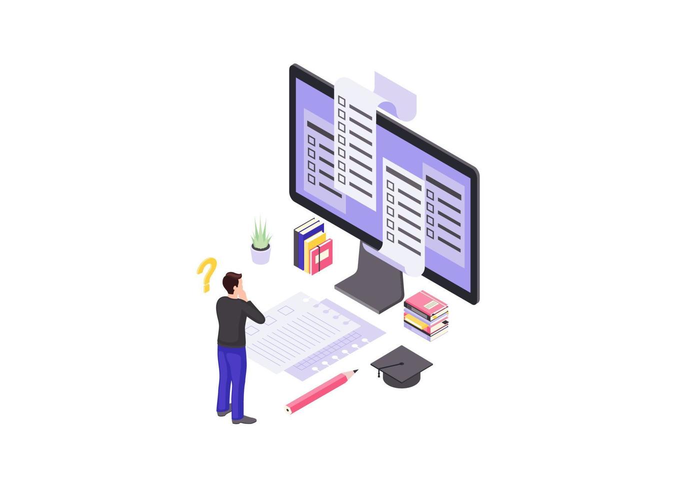 Online test isometric color vector illustration. Student examination infographic. Computer display with exam blanks, forms. E learning 3d concept. Remote, distance education. Isolated design element